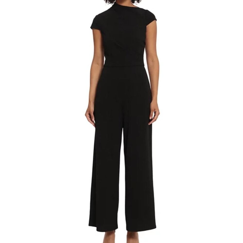 Maggy London Women Black Cap Sleeve Wide Leg Mock Neck Jumpsuit Size 12 Formal